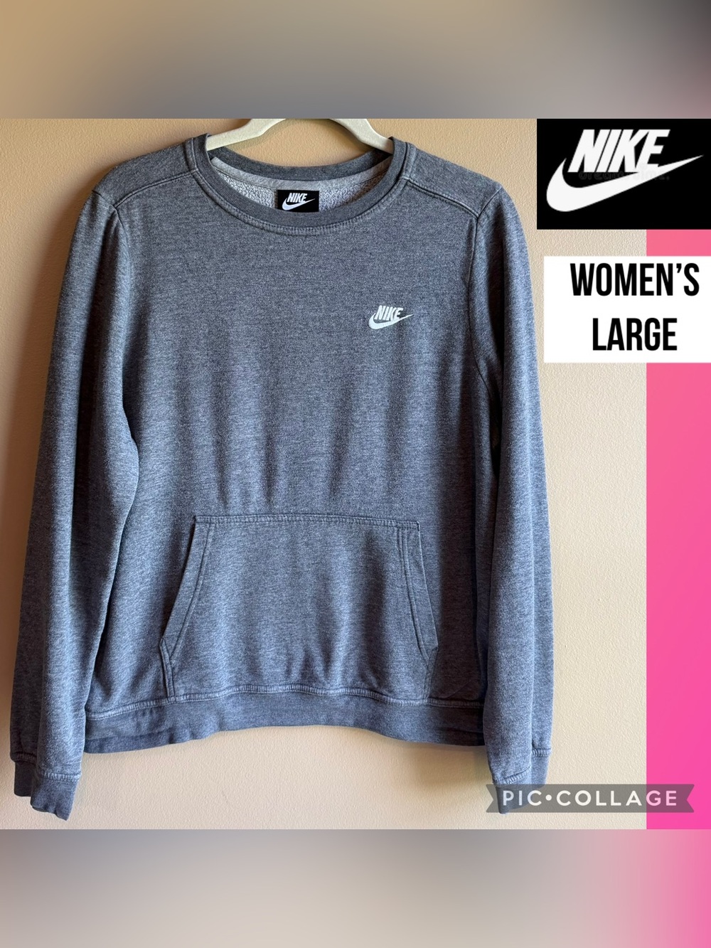 Nike Womens Sweatshirt Gray Crewneck Pullover Fleece Logo Kangaroo Pocket Size L